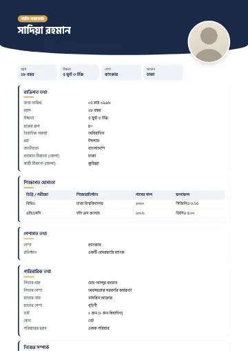 অরোরা বিয়ের বায়োডাটা টেমপ্লেট – টিল রঙের বাঁকানো হেডার, গোল ছবি ও কার্ডে সাজানো তথ্য (নেভি)