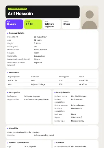 Bento biodata template with a black name tile, violet and lime fact tiles and a photo