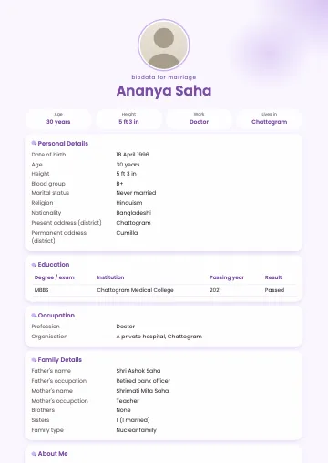 Bloom marriage biodata template with peach watercolour washes in the corners, a round photo and white cards (Lilac)