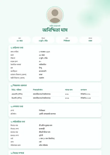 ব্লুম বিয়ের বায়োডাটা টেমপ্লেট – কোণে পীচ রঙের জলরঙা ছোপ, মাঝখানে গোল ছবি ও সাদা কার্ডে তথ্য (মিন্ট)