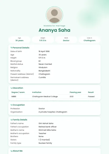 Bloom marriage biodata template with peach watercolour washes in the corners, a round photo and white cards (Mint)
