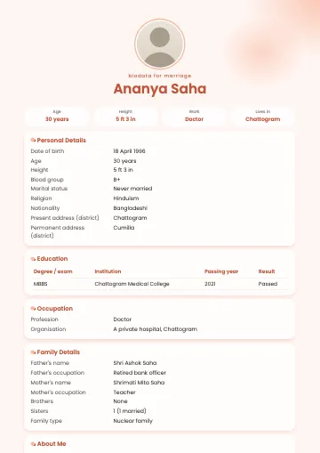 Bloom marriage biodata template with peach watercolour washes in the corners, a round photo and white cards