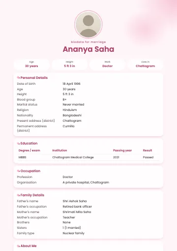 Bloom marriage biodata template with peach watercolour washes in the corners, a round photo and white cards (Rose)