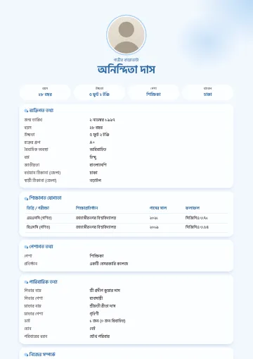 ব্লুম বিয়ের বায়োডাটা টেমপ্লেট – কোণে পীচ রঙের জলরঙা ছোপ, মাঝখানে গোল ছবি ও সাদা কার্ডে তথ্য (আকাশি)
