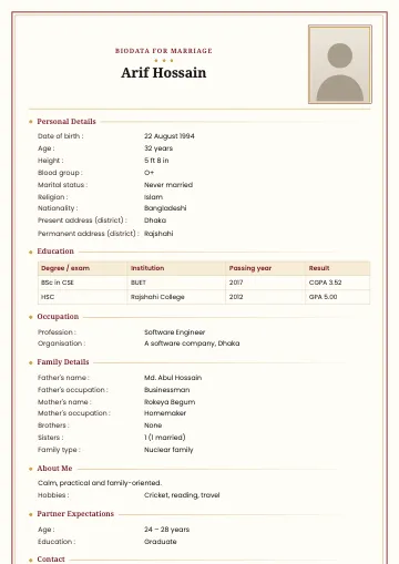 Classic marriage biodata template with a maroon and gold double border and a photo on the right
