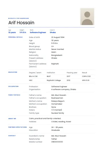 Clean marriage biodata template with a light name on a white page, thin lines and section titles in a left column (Blue)