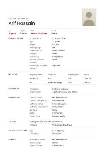 Clean marriage biodata template with a light name on a white page, thin lines and section titles in a left column (Burgundy)