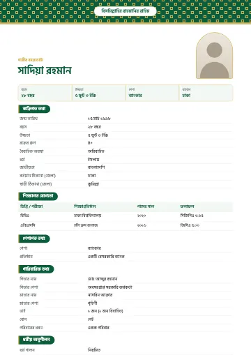 জালি ইসলামিক বিয়ের বায়োডাটা টেমপ্লেট – উপরে টিল জমিনে সোনালি জালির নকশা, মাঝে বিসমিল্লাহ ও খিলান-আকৃতির ছবি (পান্না সবুজ)