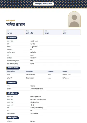 জালি ইসলামিক বিয়ের বায়োডাটা টেমপ্লেট – উপরে টিল জমিনে সোনালি জালির নকশা, মাঝে বিসমিল্লাহ ও খিলান-আকৃতির ছবি (নেভি)
