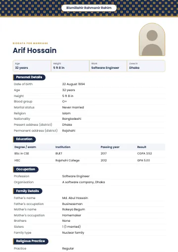 Jaali Islamic marriage biodata template with a teal and gold lattice band, Bismillah at the centre and an arched photo (Navy)
