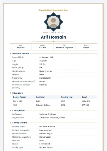 Medallion Islamic marriage biodata template with the photo in a green eight-point star, Bismillah above and a gold frame (Navy)