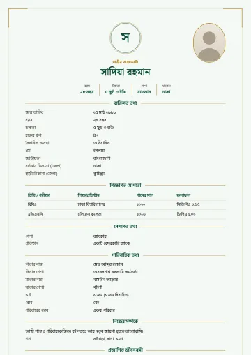 মনোগ্রাম বিয়ের বায়োডাটা টেমপ্লেট – নেভি বৃত্তে নামের প্রথম অক্ষর, কোণে সোনালি রেখা ও ডানে ডিম্বাকার ছবি (পান্না সবুজ)