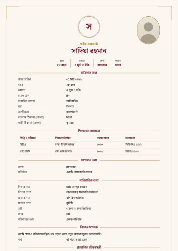 মনোগ্রাম বিয়ের বায়োডাটা টেমপ্লেট – নেভি বৃত্তে নামের প্রথম অক্ষর, কোণে সোনালি রেখা ও ডানে ডিম্বাকার ছবি (মেরুন)