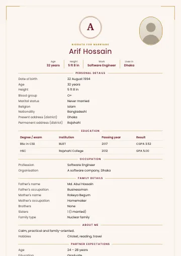Monogram marriage biodata template with the initial in a navy ringed circle, gold corner lines and an oval photo (Maroon)