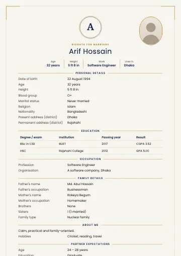 Monogram marriage biodata template with the initial in a navy ringed circle, gold corner lines and an oval photo
