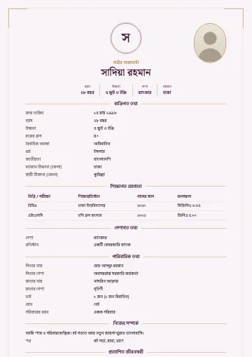 মনোগ্রাম বিয়ের বায়োডাটা টেমপ্লেট – নেভি বৃত্তে নামের প্রথম অক্ষর, কোণে সোনালি রেখা ও ডানে ডিম্বাকার ছবি (বেগুনি)