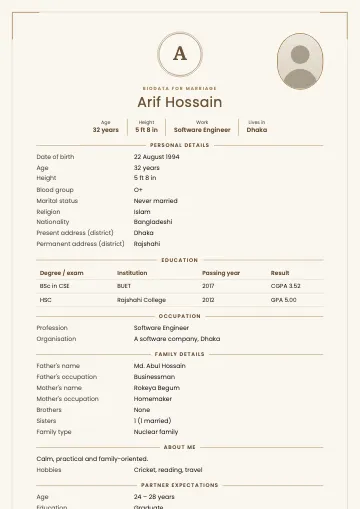 Monogram marriage biodata template with the initial in a navy ringed circle, gold corner lines and an oval photo (Sand)
