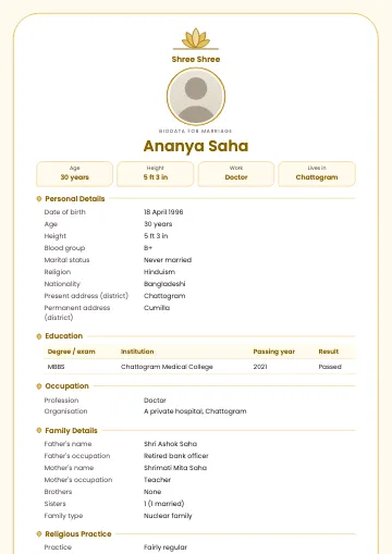Padma Hindu marriage biodata template with a pink lotus at the top, Shree Shree, a round photo and a centred name (Gold)