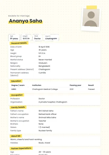 Polaroid marriage biodata template with a tilted taped polaroid photo on dotted paper and a yellow-highlighted name
