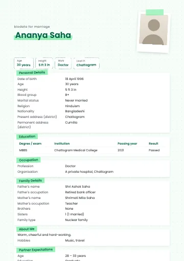 Polaroid marriage biodata template with a tilted taped polaroid photo on dotted paper and a yellow-highlighted name (Mint)