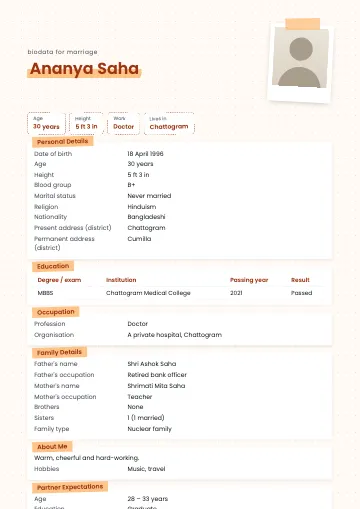 Polaroid marriage biodata template with a tilted taped polaroid photo on dotted paper and a yellow-highlighted name (Peach)