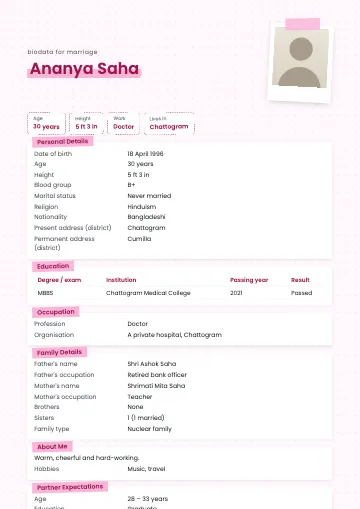 Polaroid marriage biodata template with a tilted taped polaroid photo on dotted paper and a yellow-highlighted name (Pink)