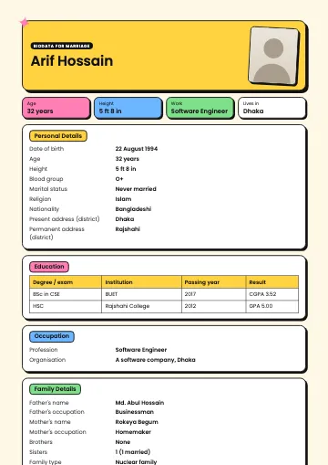 Pop style biodata template with a yellow header, thick black outlines and colourful fact boxes