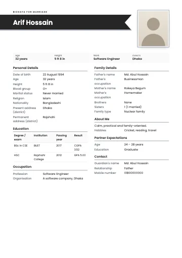 Ribbon marriage biodata template with the name on a navy ribbon, a photo on the right and details in two columns (Charcoal)
