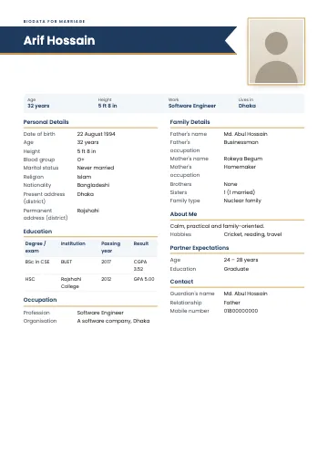 Ribbon marriage biodata template with the name on a navy ribbon, a photo on the right and details in two columns