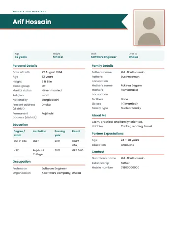 Ribbon marriage biodata template with the name on a navy ribbon, a photo on the right and details in two columns (Teal)