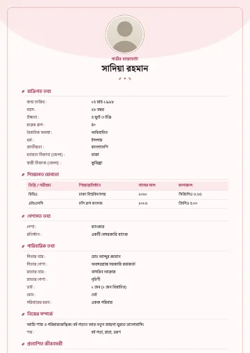 গোলাপি বিয়ের বায়োডাটা টেমপ্লেট – হালকা গোলাপি আর্চ, গোল ছবি ও রোজ-গোল্ড রেখা