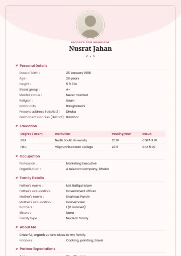 Rose marriage biodata template with a blush pink arch, round photo and rose-gold frame