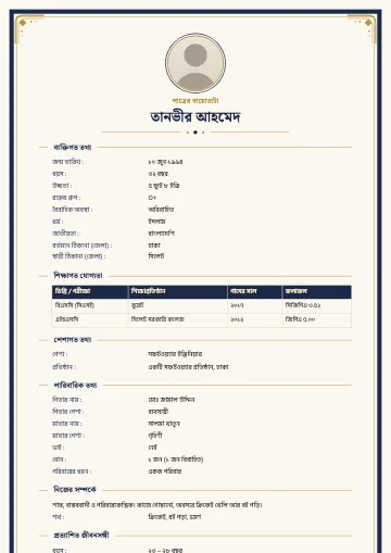 রাজকীয় বিয়ের বায়োডাটা টেমপ্লেট – নেভি ব্লু ফ্রেম, সোনালি কোণের নকশা ও গোল ছবি