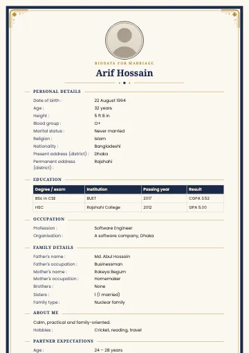 Royal marriage biodata template with a navy frame, gold corner flourishes and a round photo