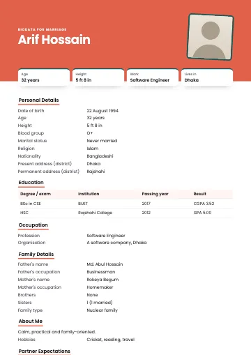 Split marriage biodata template with a big coral header, tilted photo and fact tiles
