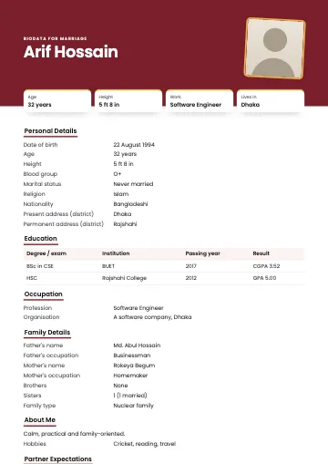 Split marriage biodata template with a big coral header, tilted photo and fact tiles (Maroon)