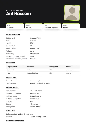 Split marriage biodata template with a big coral header, tilted photo and fact tiles (Noir)
