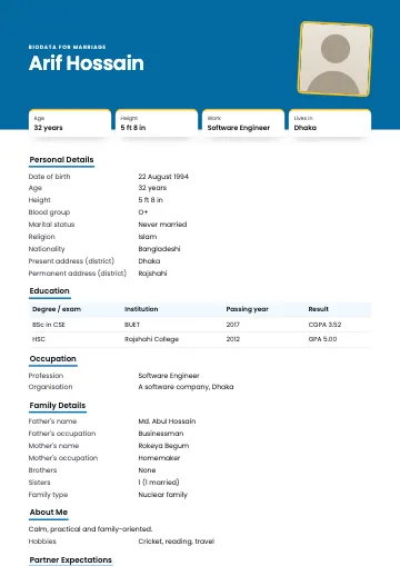 Split marriage biodata template with a big coral header, tilted photo and fact tiles (Ocean)