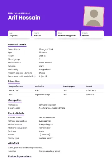 Split marriage biodata template with a big coral header, tilted photo and fact tiles (Violet)