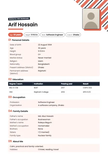 Stripe marriage biodata template with coral and black diagonal stripes in the corner, a bold name and numbered sections