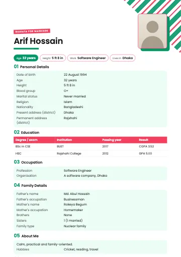 Stripe marriage biodata template with coral and black diagonal stripes in the corner, a bold name and numbered sections (Mint)