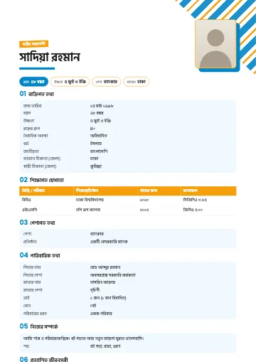 স্ট্রাইপ বিয়ের বায়োডাটা টেমপ্লেট – উপরের কোণে কোরাল ও কালো ডোরা, মোটা হরফে নাম ও নম্বর দেওয়া অংশ (আকাশি)