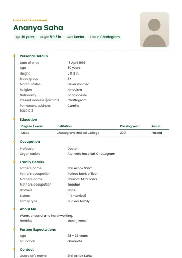 Timeline marriage biodata template with a coloured line and dots on the left, name and photo at the top (Forest)