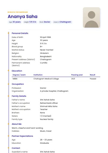 Timeline marriage biodata template with a coloured line and dots on the left, name and photo at the top (Indigo)