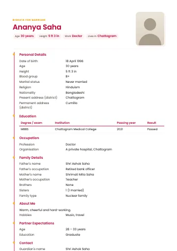 Timeline marriage biodata template with a coloured line and dots on the left, name and photo at the top (Rose)