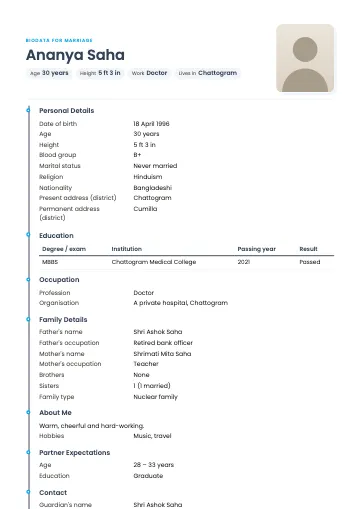Timeline marriage biodata template with a coloured line and dots on the left, name and photo at the top (Slate)