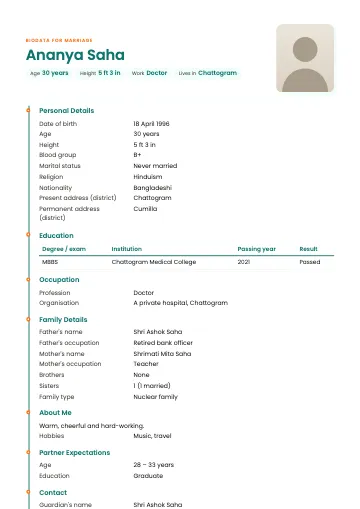 Timeline marriage biodata template with a coloured line and dots on the left, name and photo at the top
