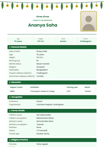 Toran Hindu marriage biodata template with a mango-leaf and marigold garland, vermilion headings and a framed photo (Forest)