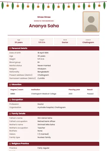 Toran Hindu marriage biodata template with a mango-leaf and marigold garland, vermilion headings and a framed photo (Maroon)