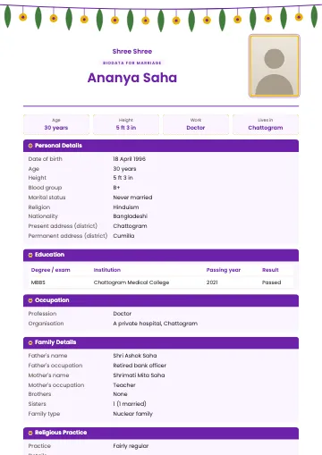 Toran Hindu marriage biodata template with a mango-leaf and marigold garland, vermilion headings and a framed photo (Purple)